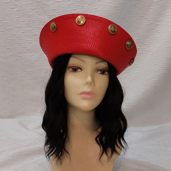 Vintage Accessories - Vintage Red Beret with Gold Medallion Accents - Women Accessories